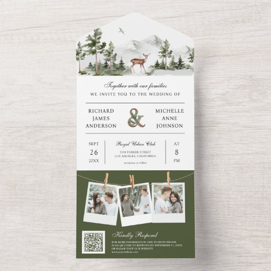Mountain Forest Deer QR Code Photo Collage Wedding オールインワン招待状 (内側)