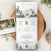 Mountain Forest Deer QR Code Photo Collage Wedding 三つ折り招待状