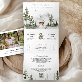Mountain Forest Deer QR Code Photo Collage Wedding 三つ折り招待状