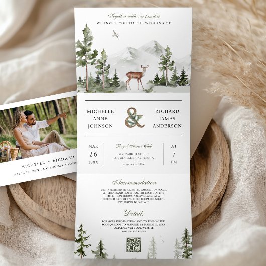 Mountain Forest Deer QR Code Photo Collage Wedding 三つ折り招待状