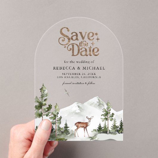 Mountain Forest Deer Wedding Save the Date アクリル招待状 (インサイチュ (ポータブル))