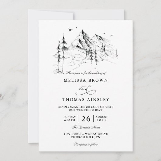 Mountain forest hand drawn sketch qr code wedding 招待状 (正面)