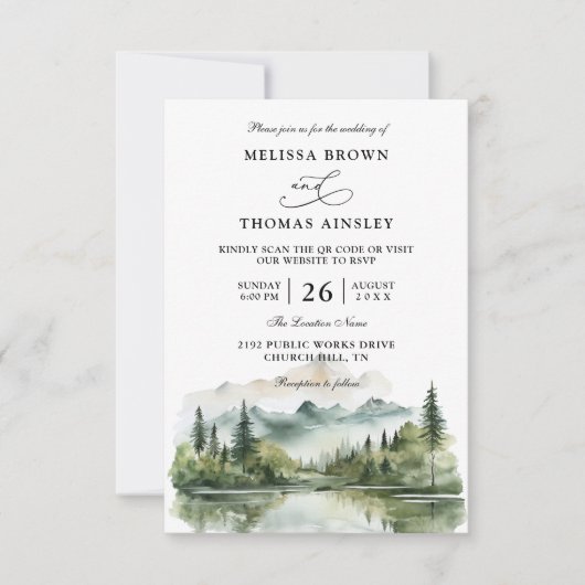 Mountain Forest Lake Rustic Budget QR Code Wedding 招待状 (正面)