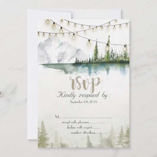 Mountain,Forest,Lake,String Lights RSVP 招待状 (正面)