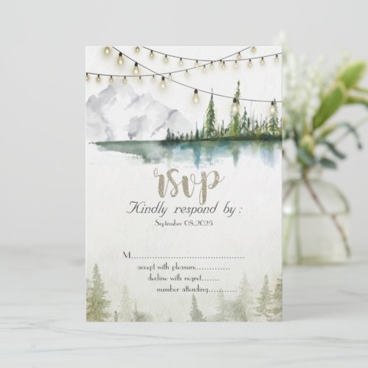 Mountain,Forest,Lake,String Lights RSVP 招待状 (スタンド正面)