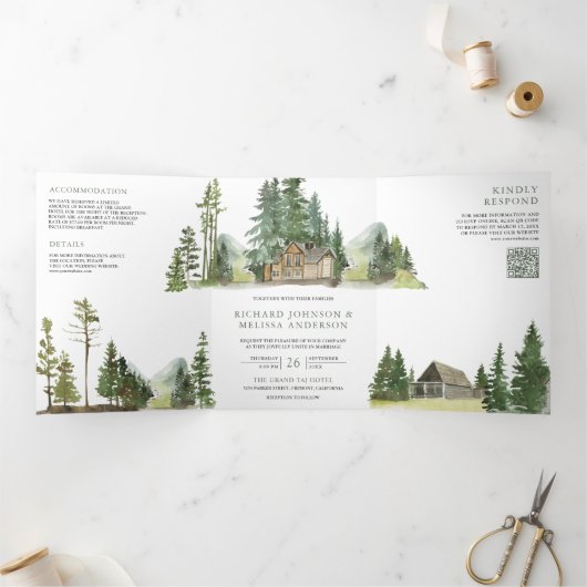 Mountain Forest Lodge ログキャビンQRコード ウェディング 三つ折り招待状 (内部)
