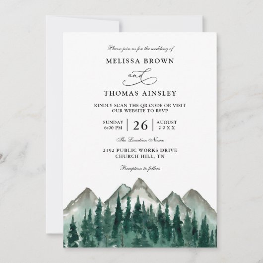 Mountain Forest Rustic Budget QR Code Wedding 招待状 (正面)