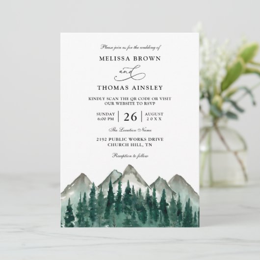 Mountain Forest Rustic Budget QR Code Wedding 招待状 (スタンド正面)