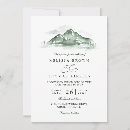 Mountain Forest Trees Pine Rustic QR Code Wedding 招待状 (正面)