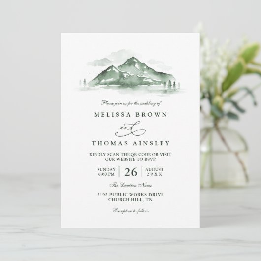 Mountain Forest Trees Pine Rustic QR Code Wedding 招待状 (スタンド正面)