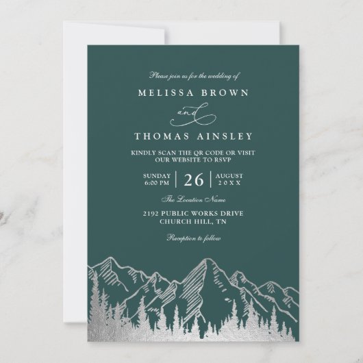 Mountain Forest Trees Pine Rustic QR Code Wedding 招待状 (正面)