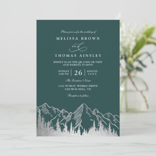 Mountain Forest Trees Pine Rustic QR Code Wedding 招待状 (スタンド正面)