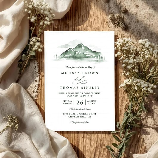 Mountain Forest Trees Pine Rustic QR Code Wedding 招待状