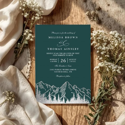 Mountain Forest Trees Pine Rustic QR Code Wedding 招待状