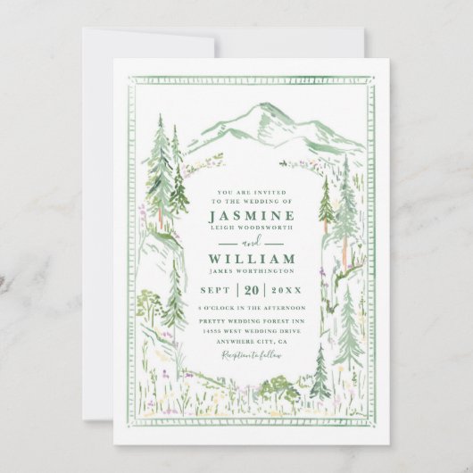 Mountain Forest Trees Rustic Elegant Wedding 招待状 (正面)