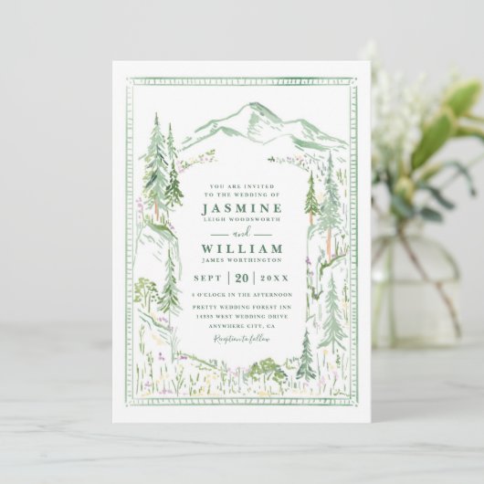 Mountain Forest Trees Rustic Elegant Wedding 招待状 (スタンド正面)