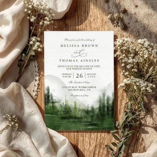 Mountain Forest Trees Rustic QR Code Wedding 招待状