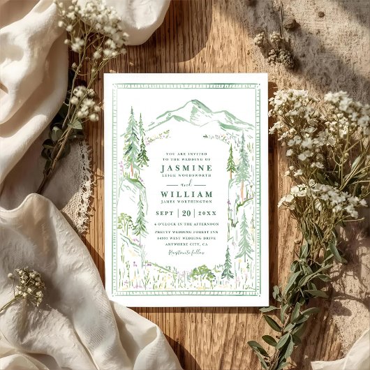 Mountain Forest Trees Rustic QR Code Wedding 招待状