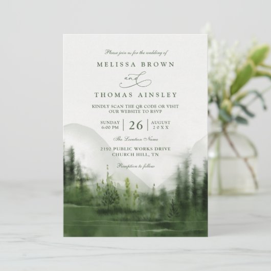 Mountain Forest Trees Rustic QR Code Wedding 招待状 (スタンド正面)