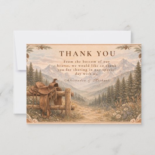 Mountain Forest Western Saddle Wedding サンキューカード (正面)