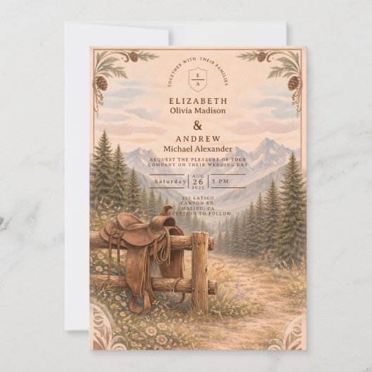 Mountain Forest Western Saddle Wedding 招待状 (正面)