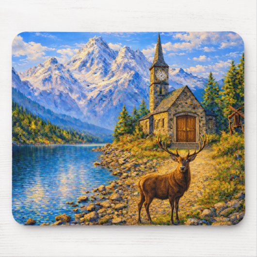 Mountain Lake Deer Chapel Mouse Pad マウスパッド (正面)