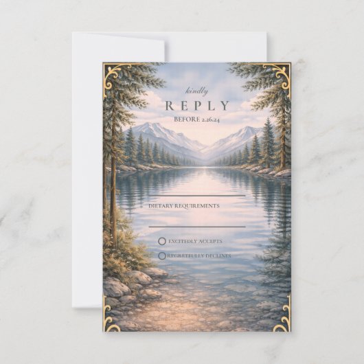Mountain Lake Forest Reflection Wedding 出欠カード (正面)