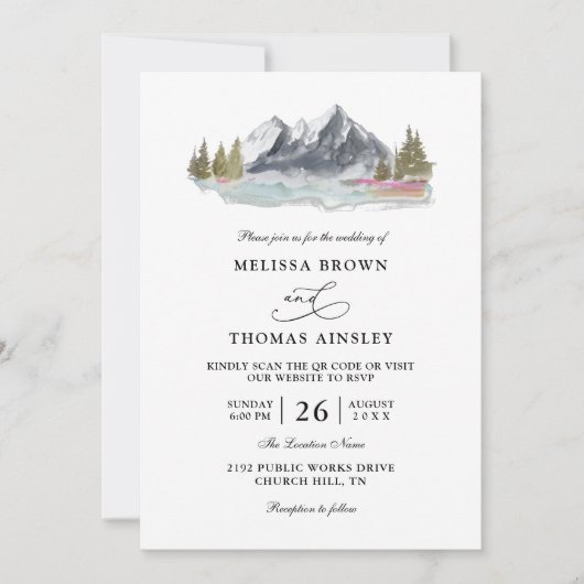 Mountain Lake Forest Rustic Budget QR Code Wedding 招待状 (正面)