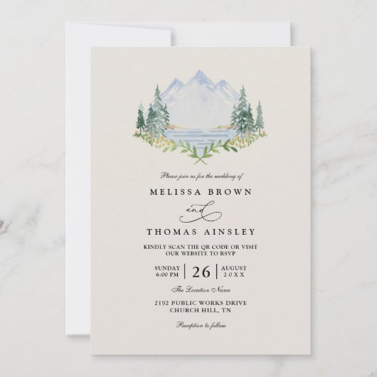 Mountain Lake Forest Tree Rustic Elegant Wedding 招待状 (正面)