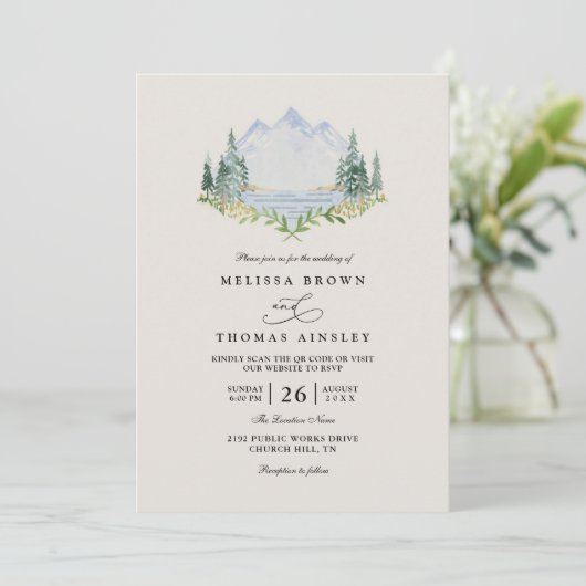 Mountain Lake Forest Tree Rustic Elegant Wedding 招待状 (スタンド正面)