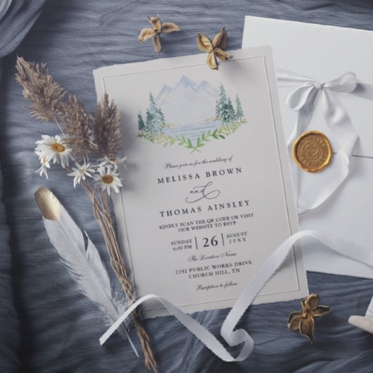 Mountain Lake Forest Tree Rustic Elegant Wedding 招待状