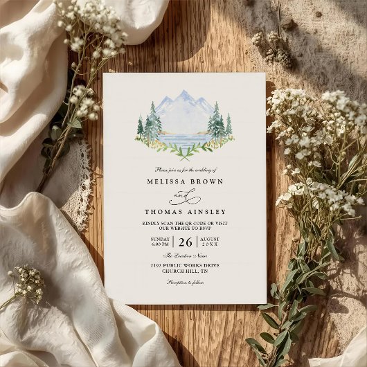 Mountain Lake Forest Tree Rustic QR Code Wedding 招待状