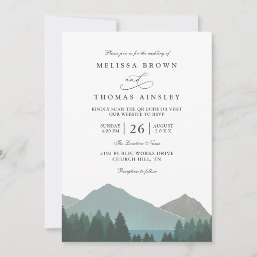 Mountain Lake Forest Trees Pine QR Code Wedding 招待状 (正面)