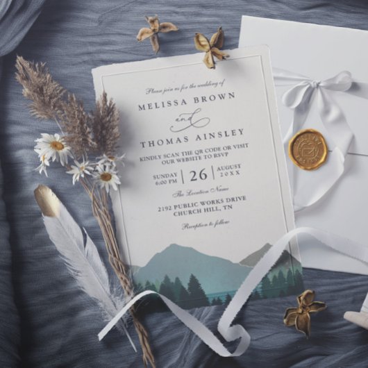 Mountain Lake Forest Trees Pine QR Code Wedding 招待状