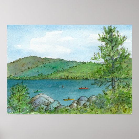 Mountain Lake Kayaking Watercolor Landscape Art ポスター (正面)