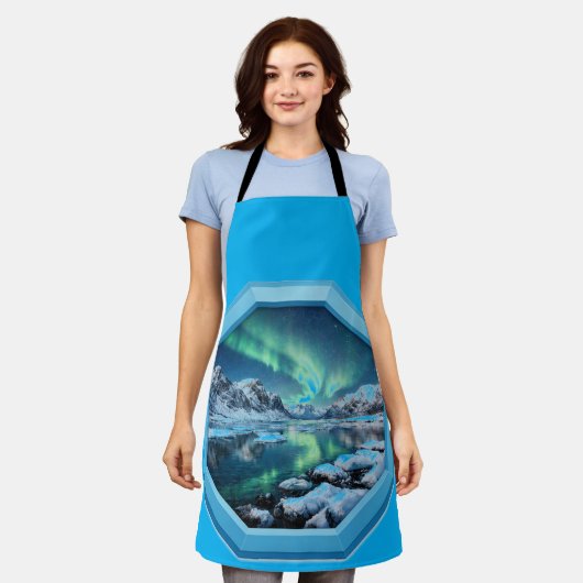 Mountain Lake Reflects No. Lights in Blue Frame エプロン (着用した状態)