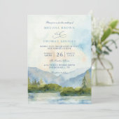 Mountain Lake Watercolor Pine Tree QR Code Wedding 招待状 (スタンド正面)