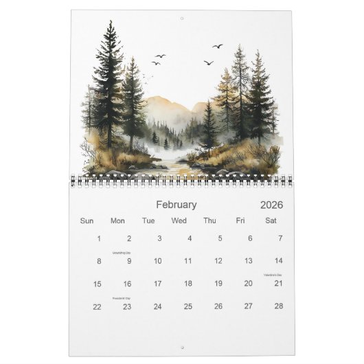 Mountain Lakes and Streams Watercolors カレンダー (2月 2026)