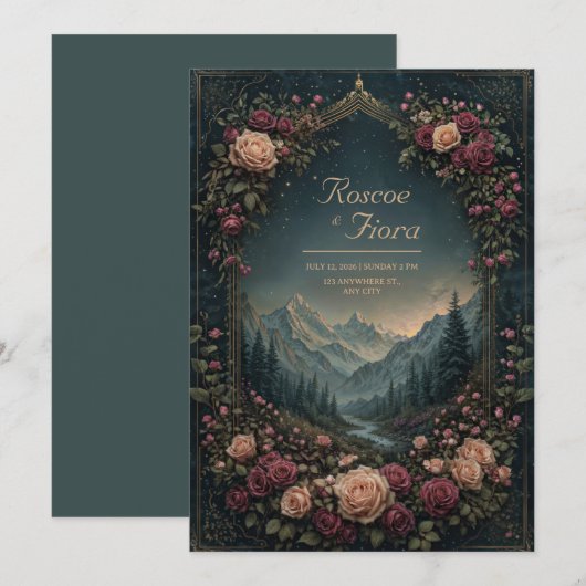 Mountain Landscape and Floral Arch Wedding 招待状 (正面/裏面)
