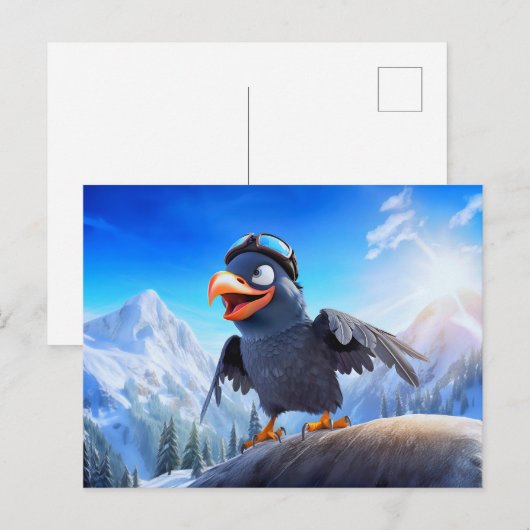 Mountain Launch Raven With Ski Goggles In Winter T ポストカード (正面/裏面)