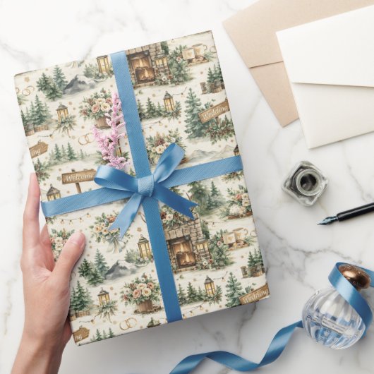 Mountain Lodge Wedding Watercolor Pattern ラッピングペーパー (ギフト)