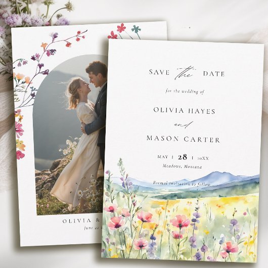 Mountain Meadow Wildflowers Modern Boho Wedding セーブザデート