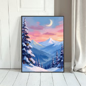 Mountain Moon Winter Watercolor Painting ポスター
