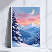 Mountain Moon Winter Watercolor Painting ポスター