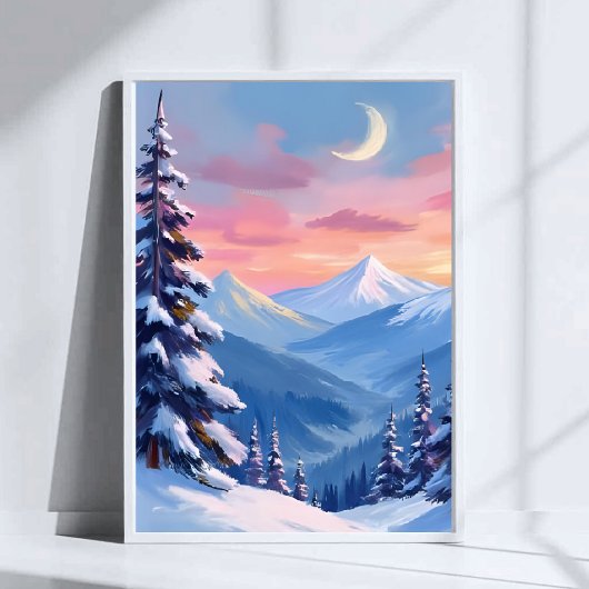 Mountain Moon Winter Watercolor Painting ポスター