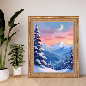 Mountain Moon Winter Watercolor Painting ポスター