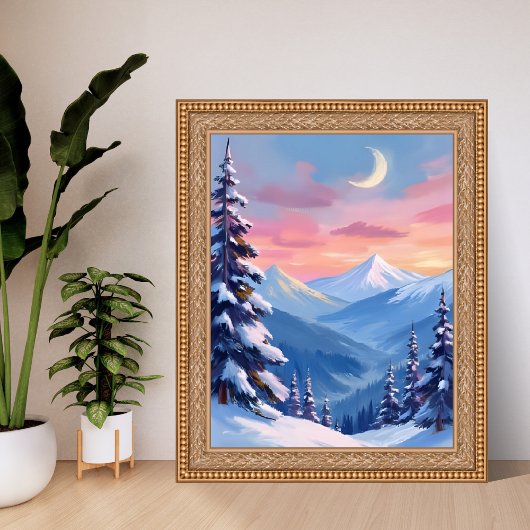 Mountain Moon Winter Watercolor Painting ポスター
