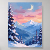 Mountain Moon Winter Watercolor Painting ポスター (正面)