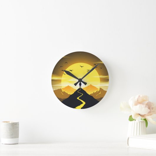 Mountain Peak Silhouette with a winding. Pedestal ラウンド壁時計 (ホーム)