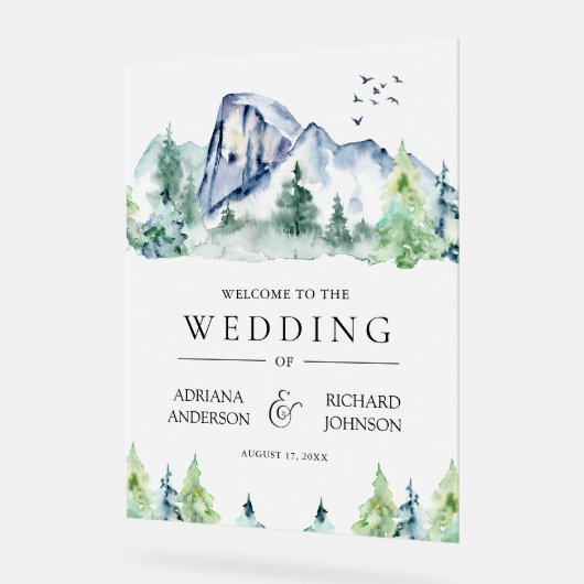 Mountain Pine Trees Forest Wedding Welcome アクリルサイン (傾斜)